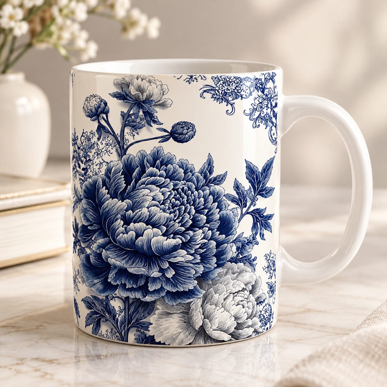 Taza con peonías azules de estilo porcelana clásica sobre fondo marfil