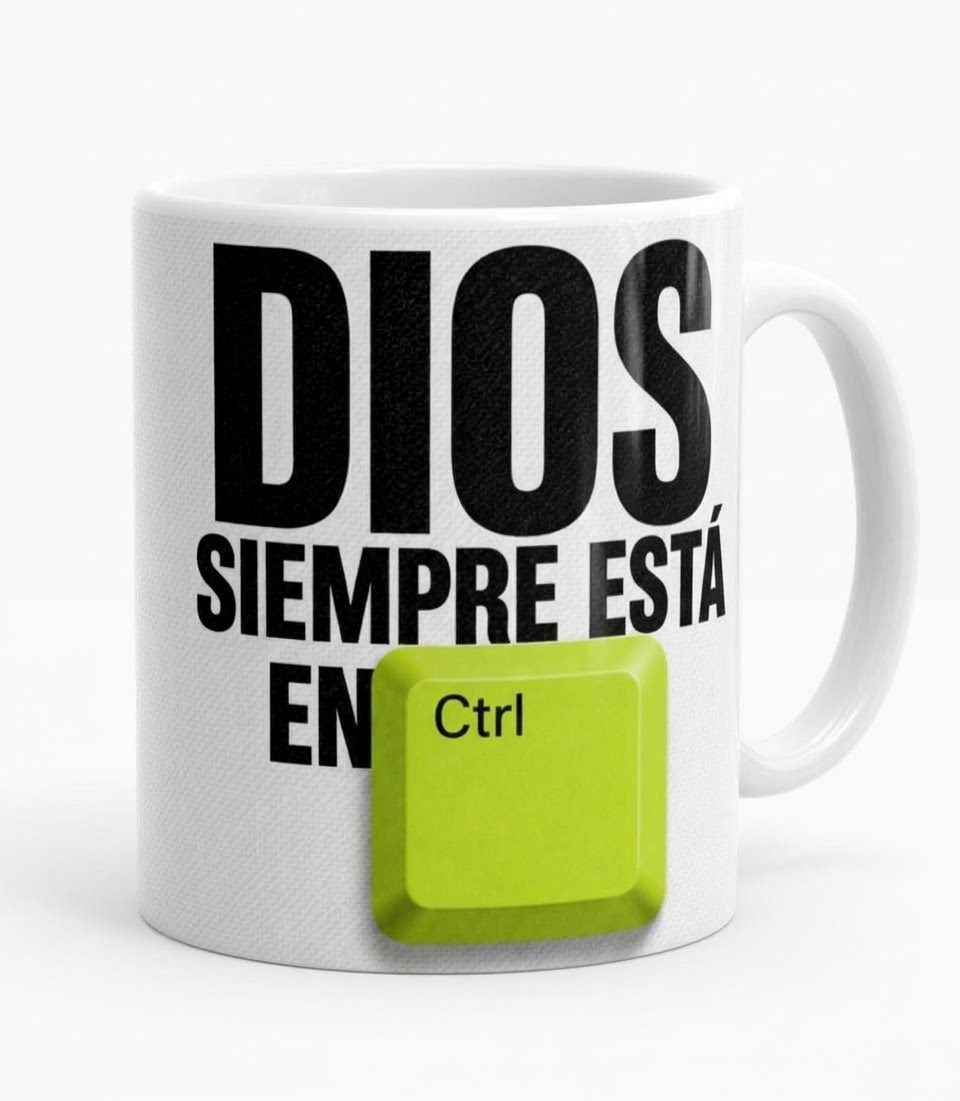 Taza blanca con el texto Dios siempre está en Ctrl y tecla verde lima