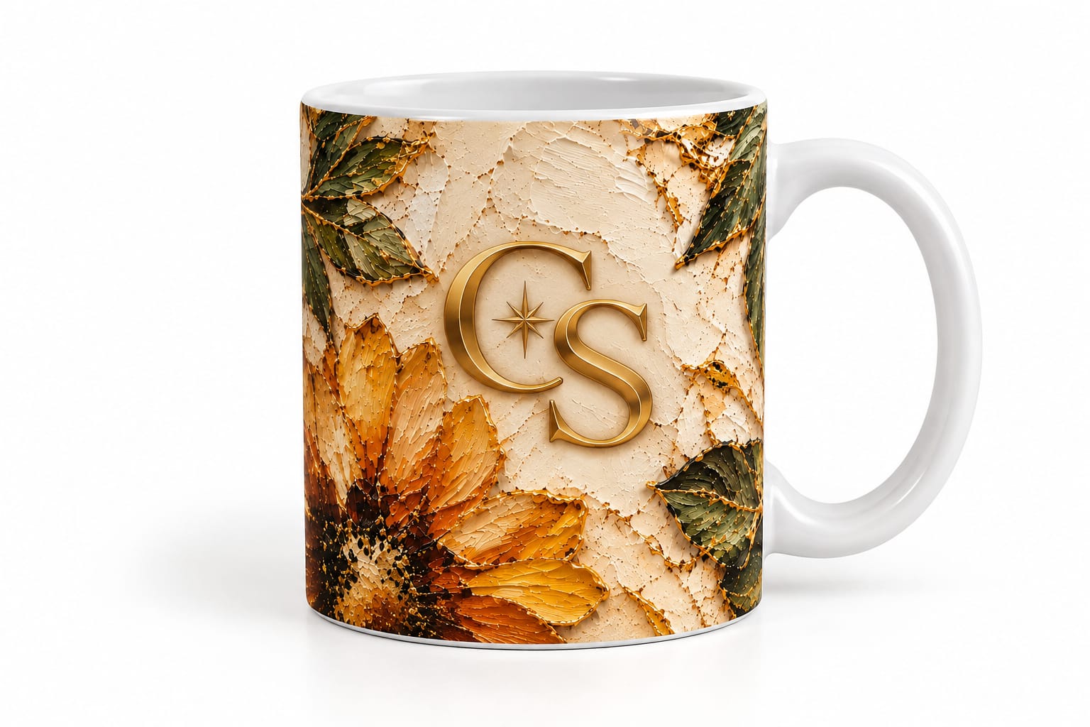 Taza artística con girasoles en textura de óleo y monograma CS dorado